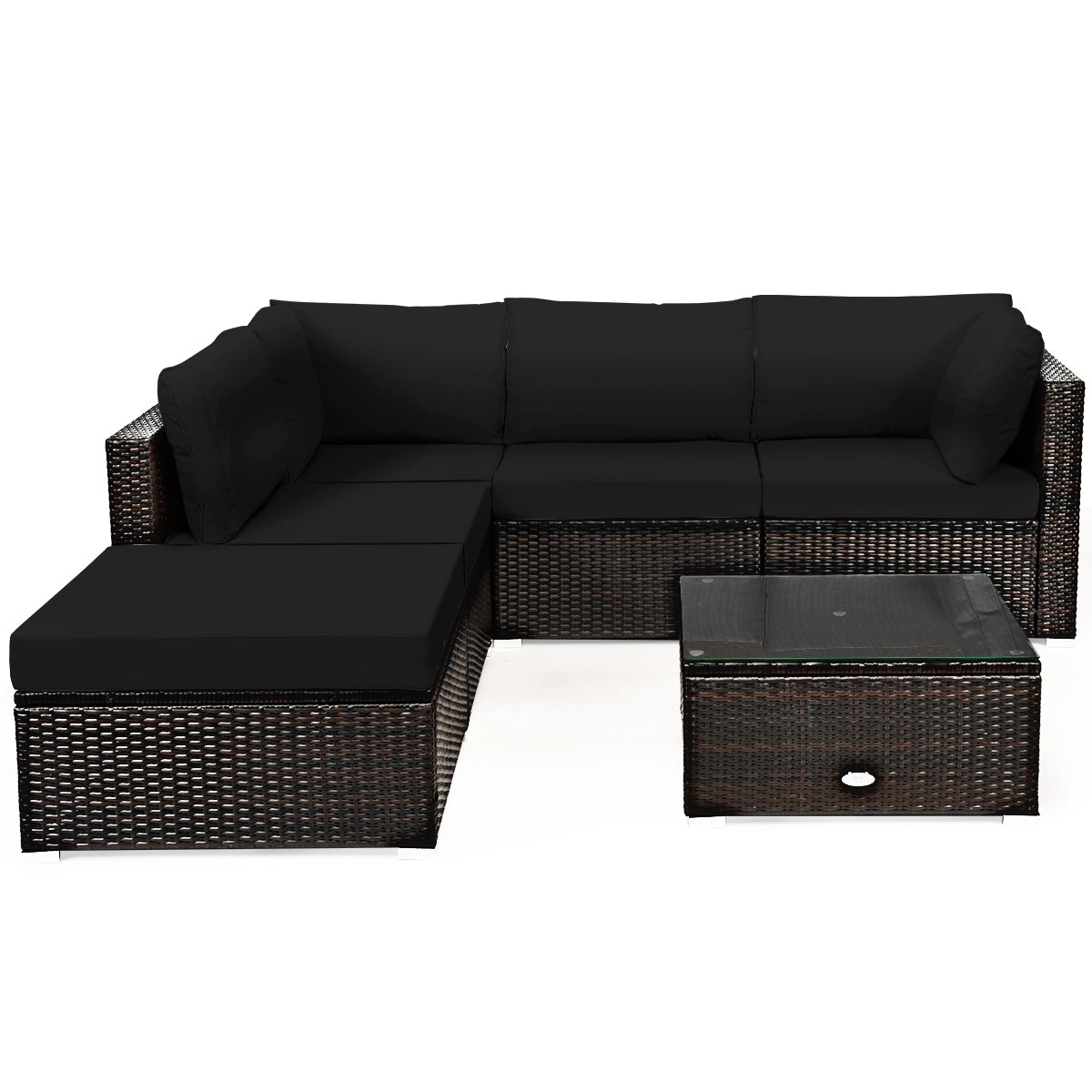 6 Pieces Outdoor Patio Rattan Furniture Set Sofa Ottoman - Black