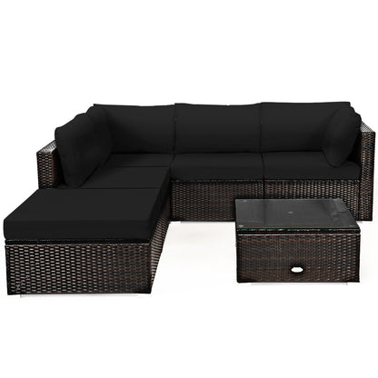 6 Pieces Outdoor Patio Rattan Furniture Set Sofa Ottoman - Black