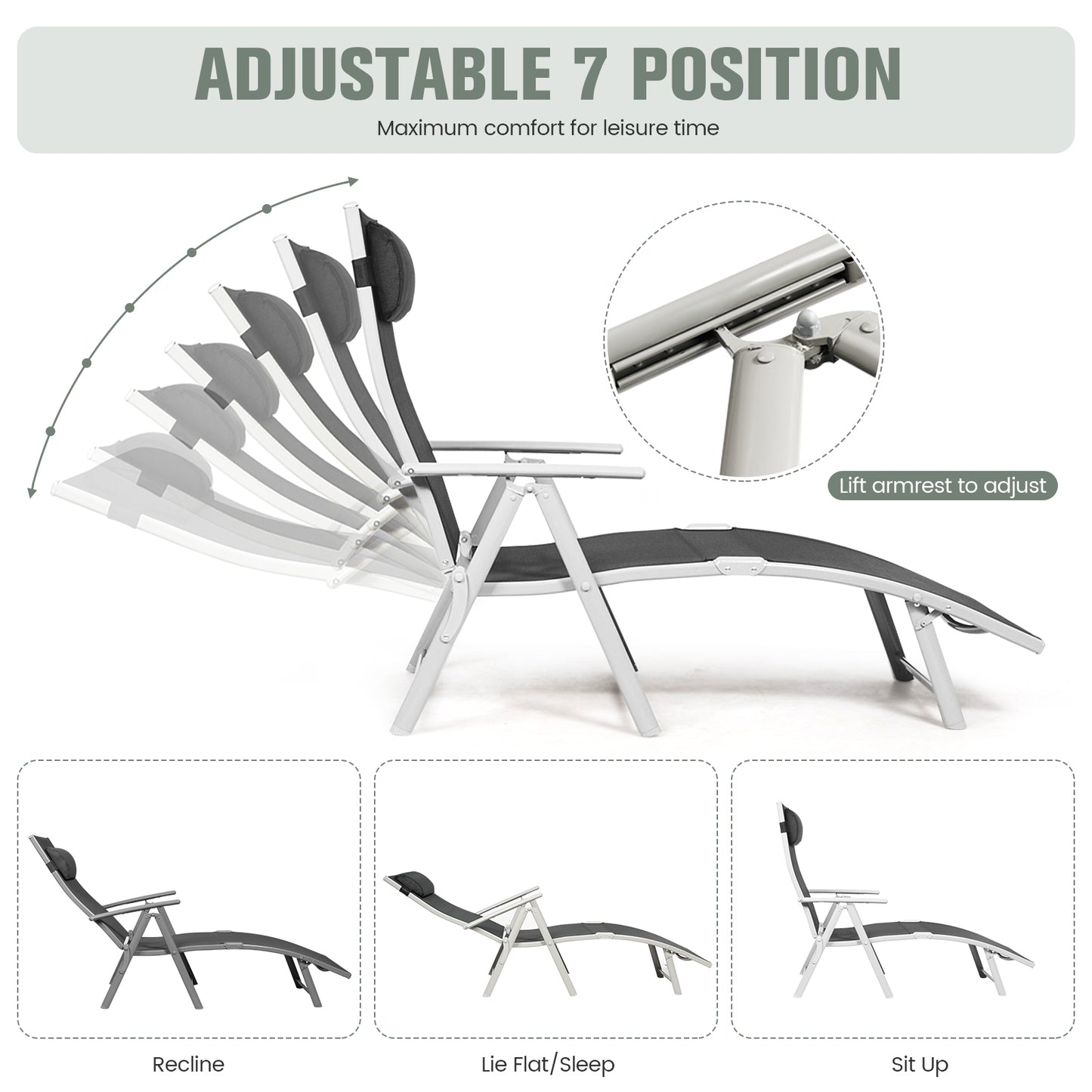 Adjustable Outdoor Lightweight Folding Chaise Lounge Chair with Pillow