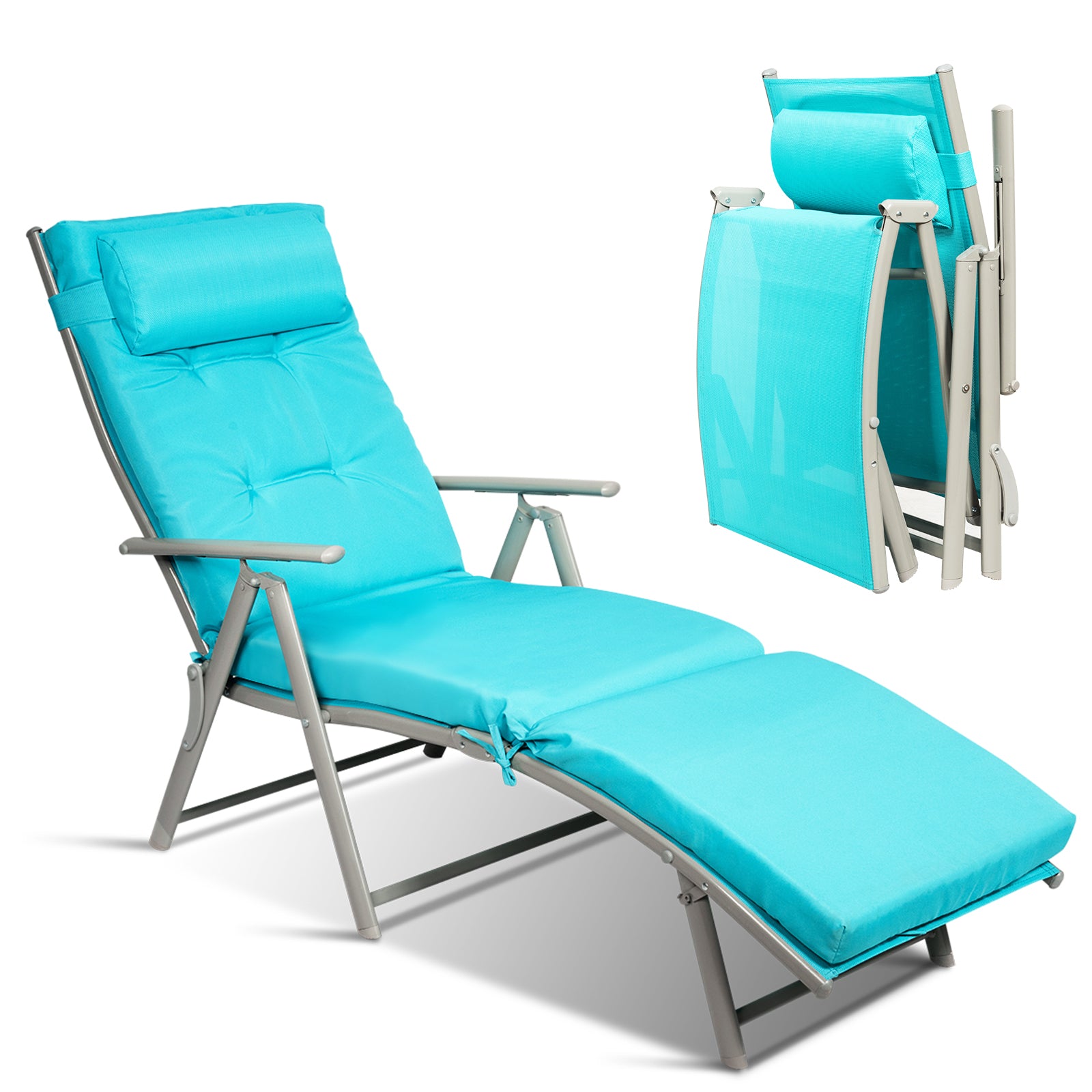 Adjustable Outdoor Lightweight Folding Chaise Lounge Chair with Pillow-Gray - Blue