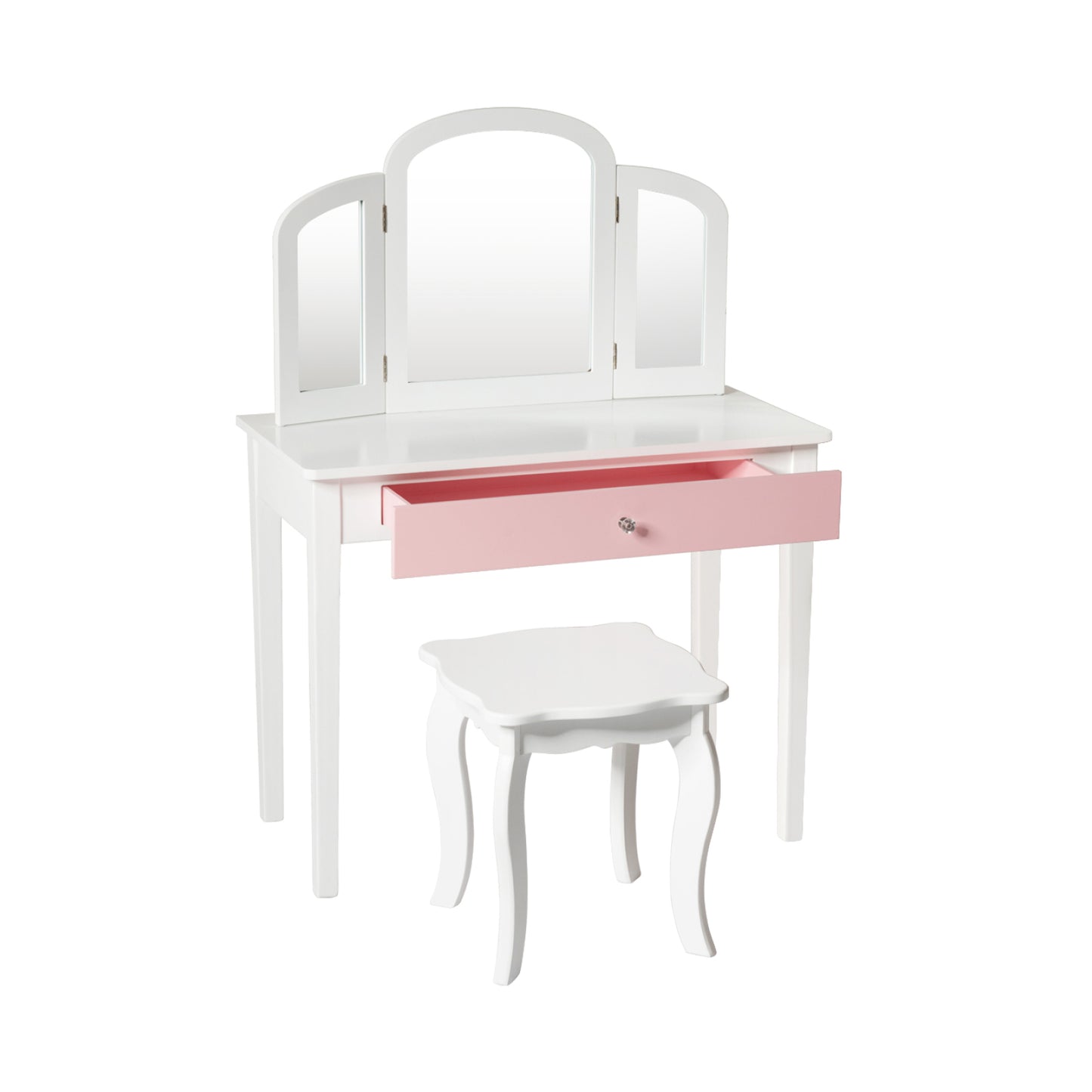 Kids Princess Make Up Dressing Table with Tri-folding Mirror and Chair-White - White