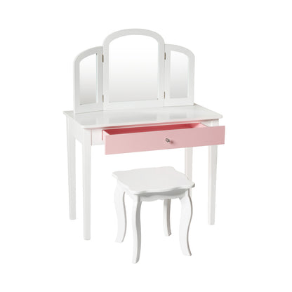 Kids Princess Make Up Dressing Table with Tri-folding Mirror and Chair-White - White