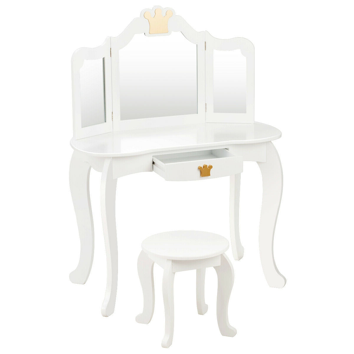 Kids Makeup Dressing Table with Tri-folding Mirror and Stool-Pink - White