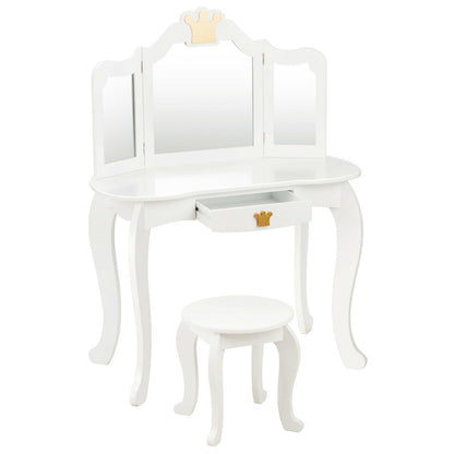 Kids Makeup Dressing Table with Tri-folding Mirror and Stool-Pink - White