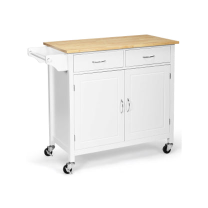 Modern Rolling Kitchen Cart Island with Wooden Top-White - White