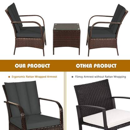 3 Pcs Patio Conversation Rattan Furniture Set with Glass Top Coffee Table and Cushions