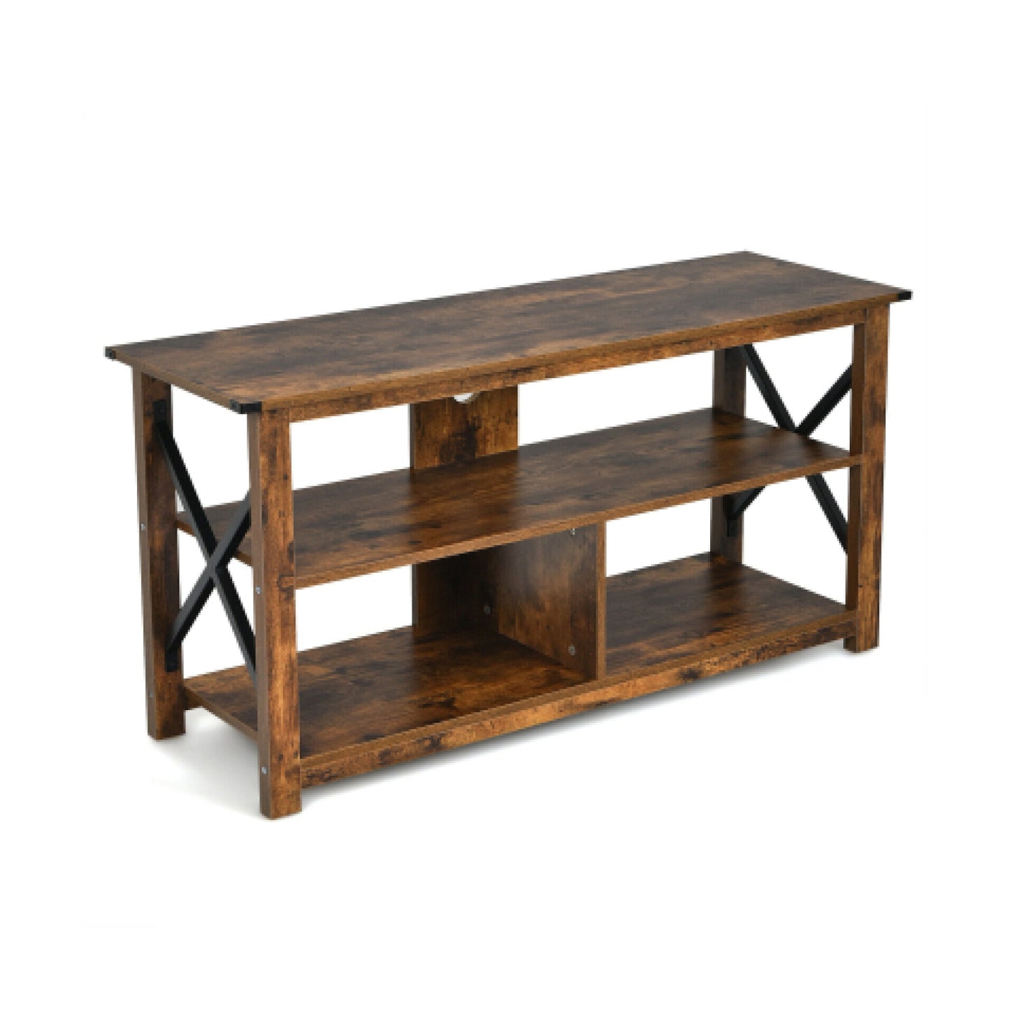 3 Tier Wood TV Stand for 55-Inch with Open Shelves and X-Shaped Frame-Gray - Brown