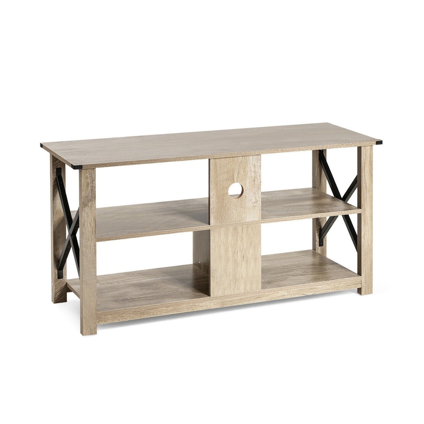 3 Tier Wood TV Stand for 55-Inch with Open Shelves and X-Shaped Frame-Gray - Gray
