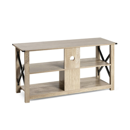 3 Tier Wood TV Stand for 55-Inch with Open Shelves and X-Shaped Frame-Gray - Gray