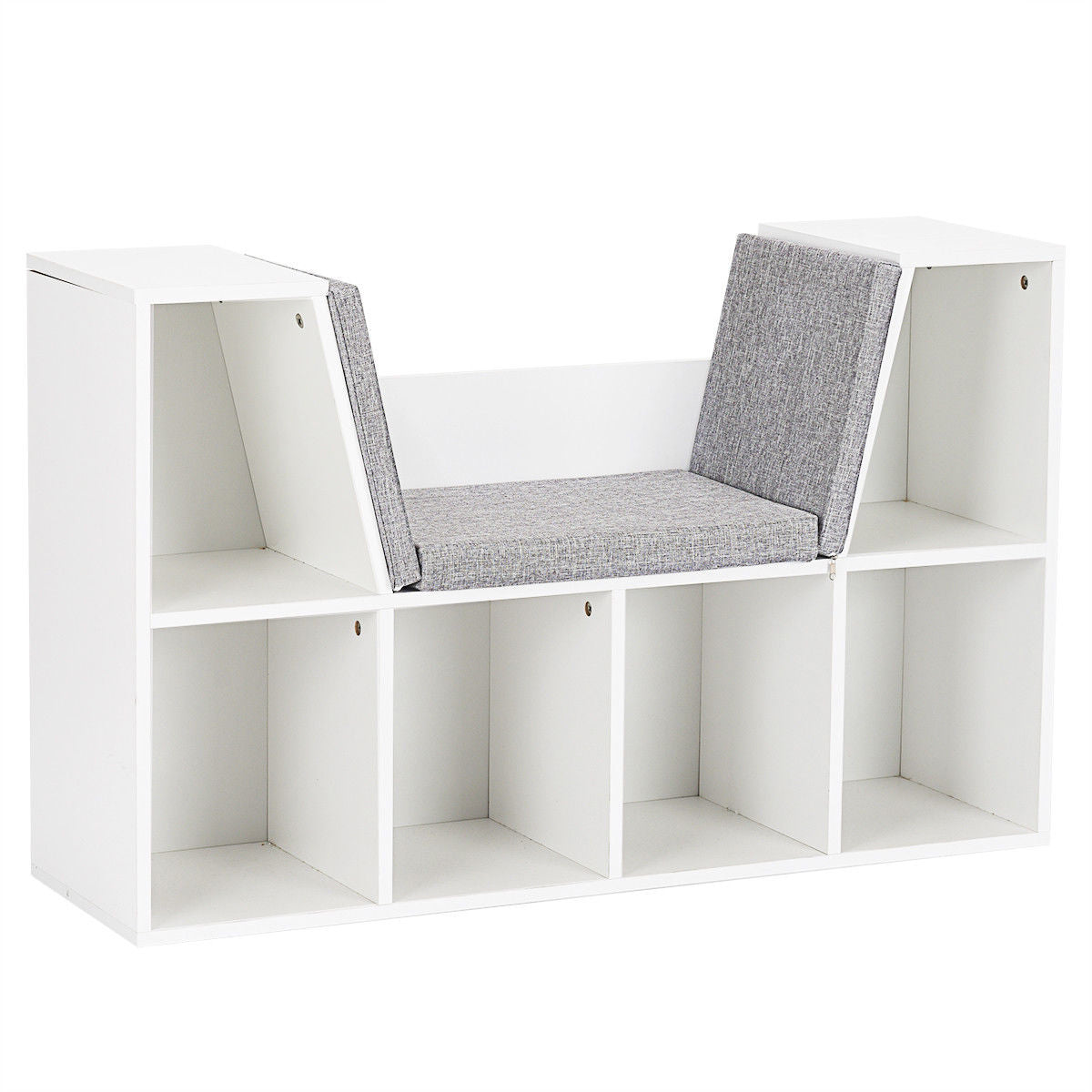 6-Cubby Kid Storage Bookcase Cushioned Reading Nook-White - White