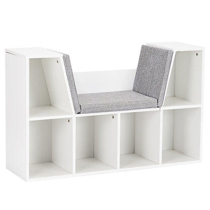 6-Cubby Kid Storage Bookcase Cushioned Reading Nook-White - White