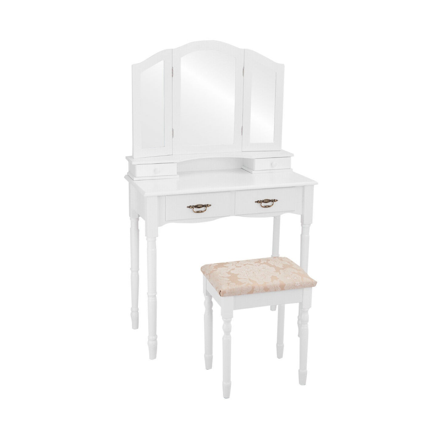 Simple Vanity Set with Tri-Folding Mirror Drawers and Storage Shelf-Black - White