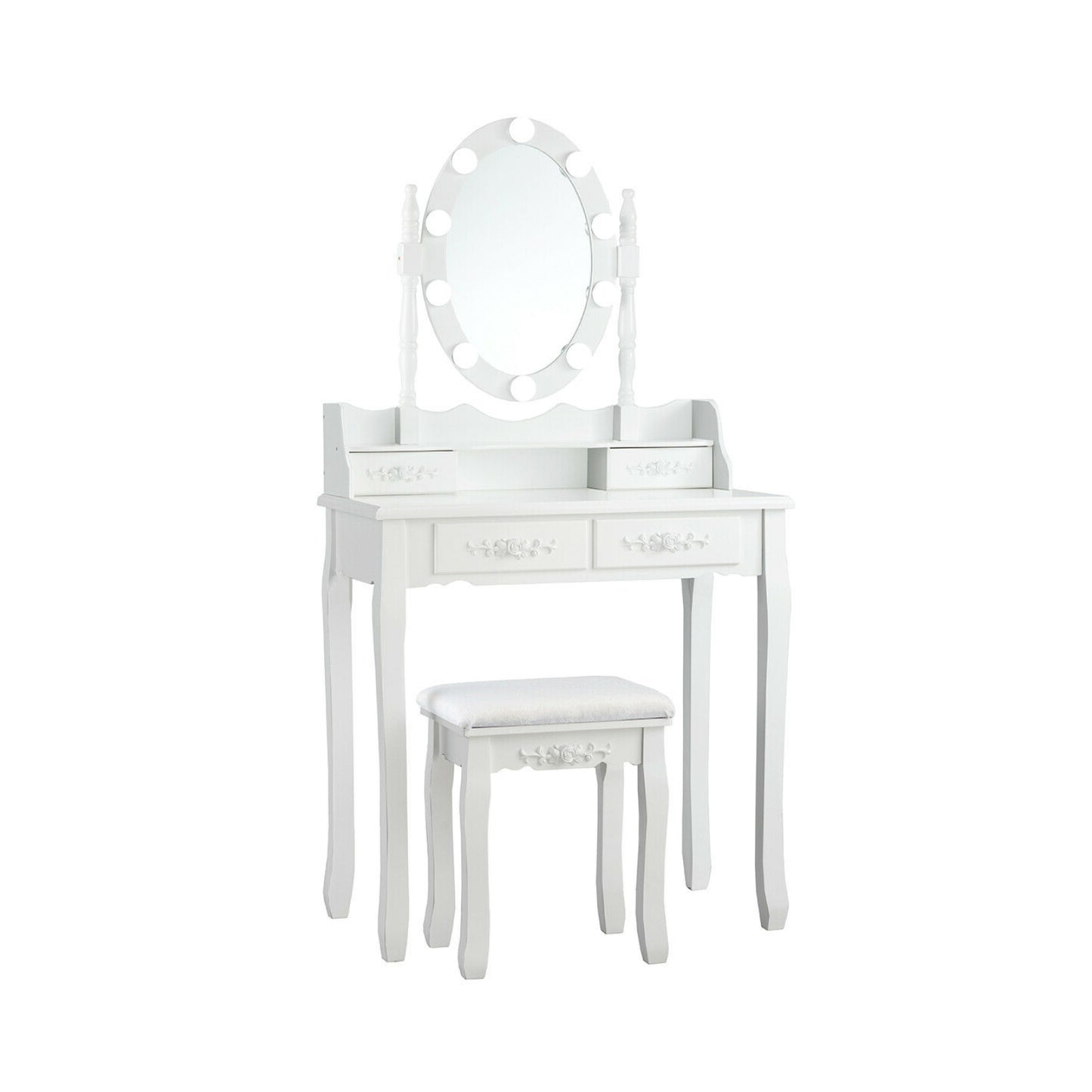 Makeup Dressing Table with Touch Switch Lighted Mirror and Cushioned Stool-White - White