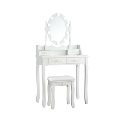 Makeup Dressing Table with Touch Switch Lighted Mirror and Cushioned Stool-White - White