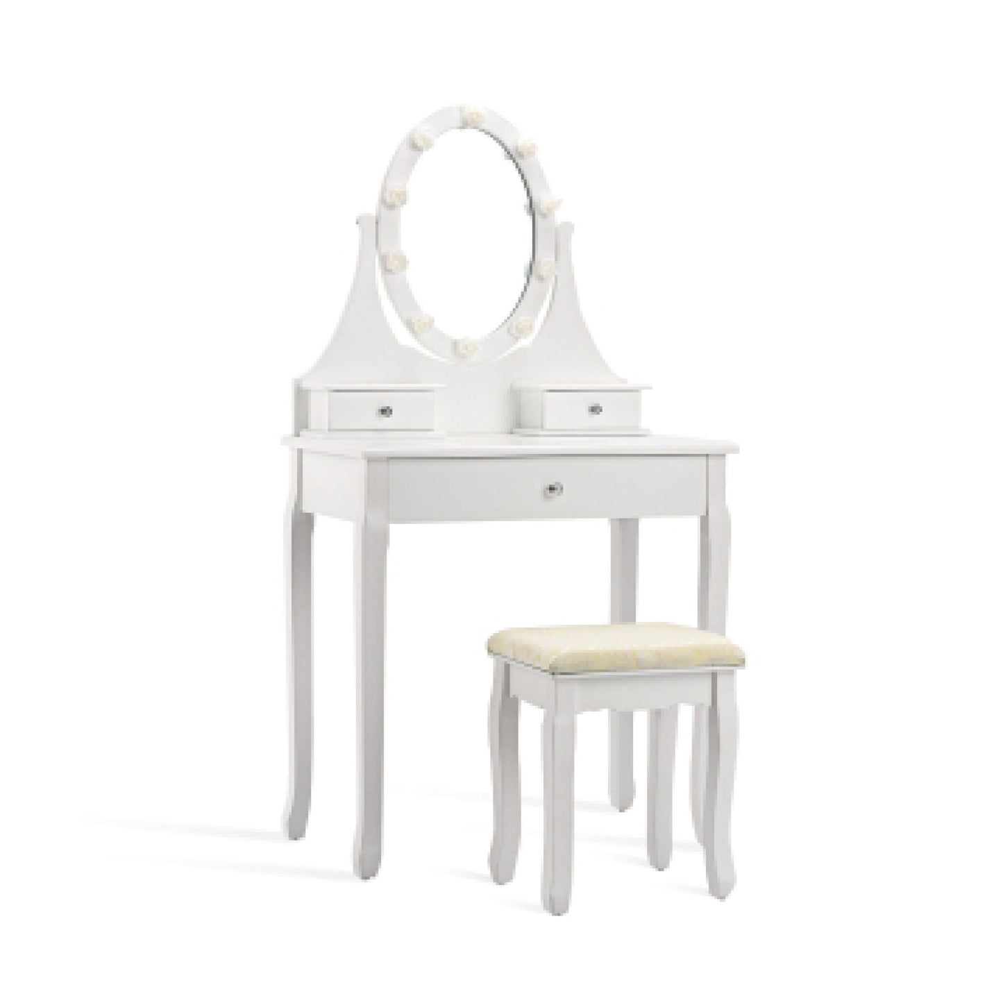 3 Drawers Lighted Mirror Vanity Dressing Table Stool Set-White - White