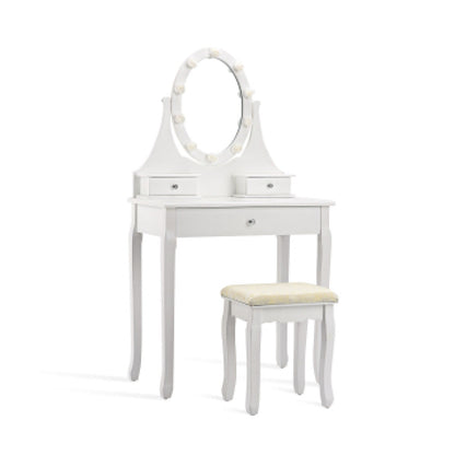 3 Drawers Lighted Mirror Vanity Dressing Table Stool Set-White - White