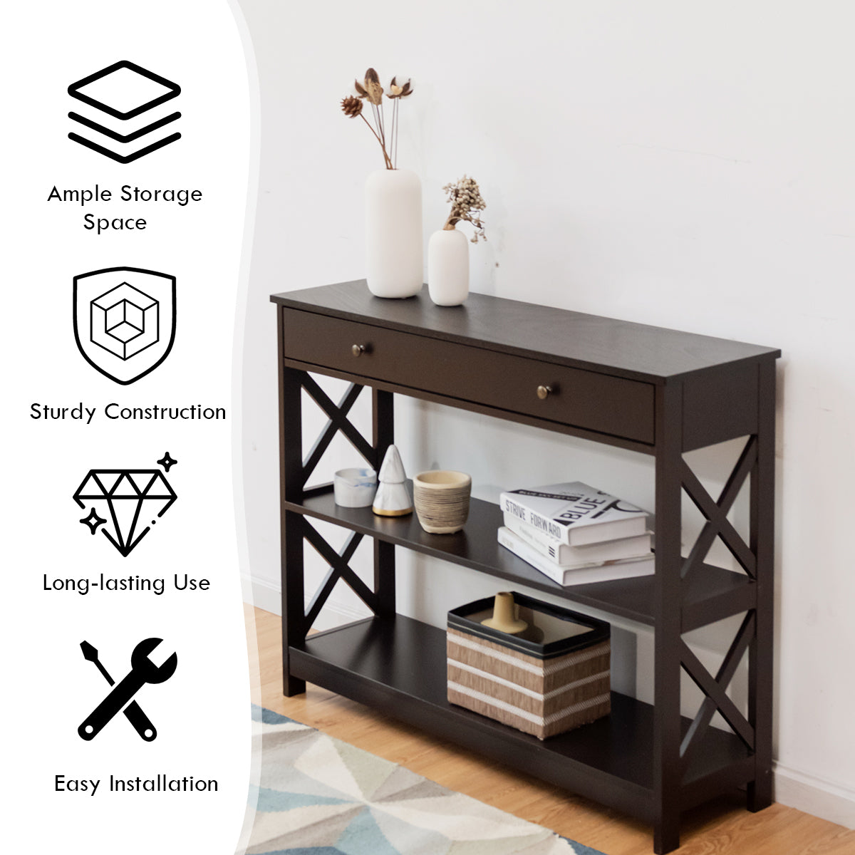 Console Table 3-Tier with Drawer and Storage Shelves-Espresso