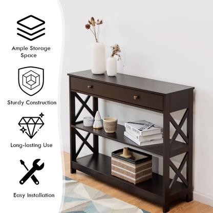 Console Table 3-Tier with Drawer and Storage Shelves-Espresso
