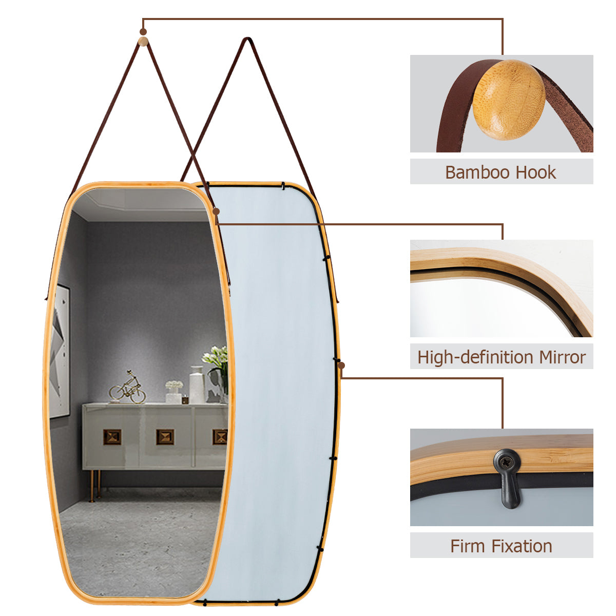 Modern Wall Mirror with Bamboo Frame and Adjustable Leather Strap