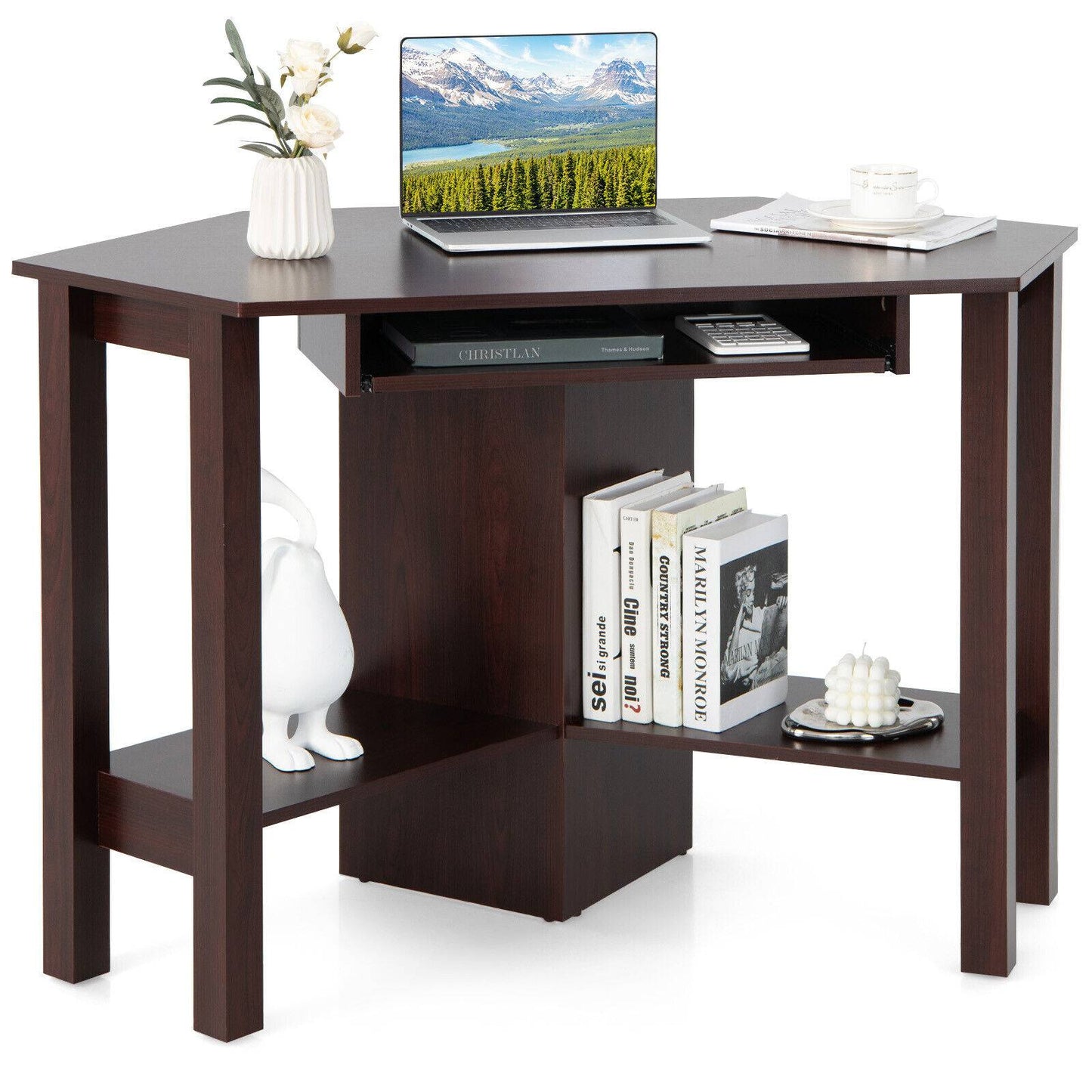 Wooden Study Computer Corner Desk with Drawer-Black - Coffee