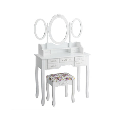 7 Drawer Tri-Folding Mirror Dressing Vanity Makeup Set-White