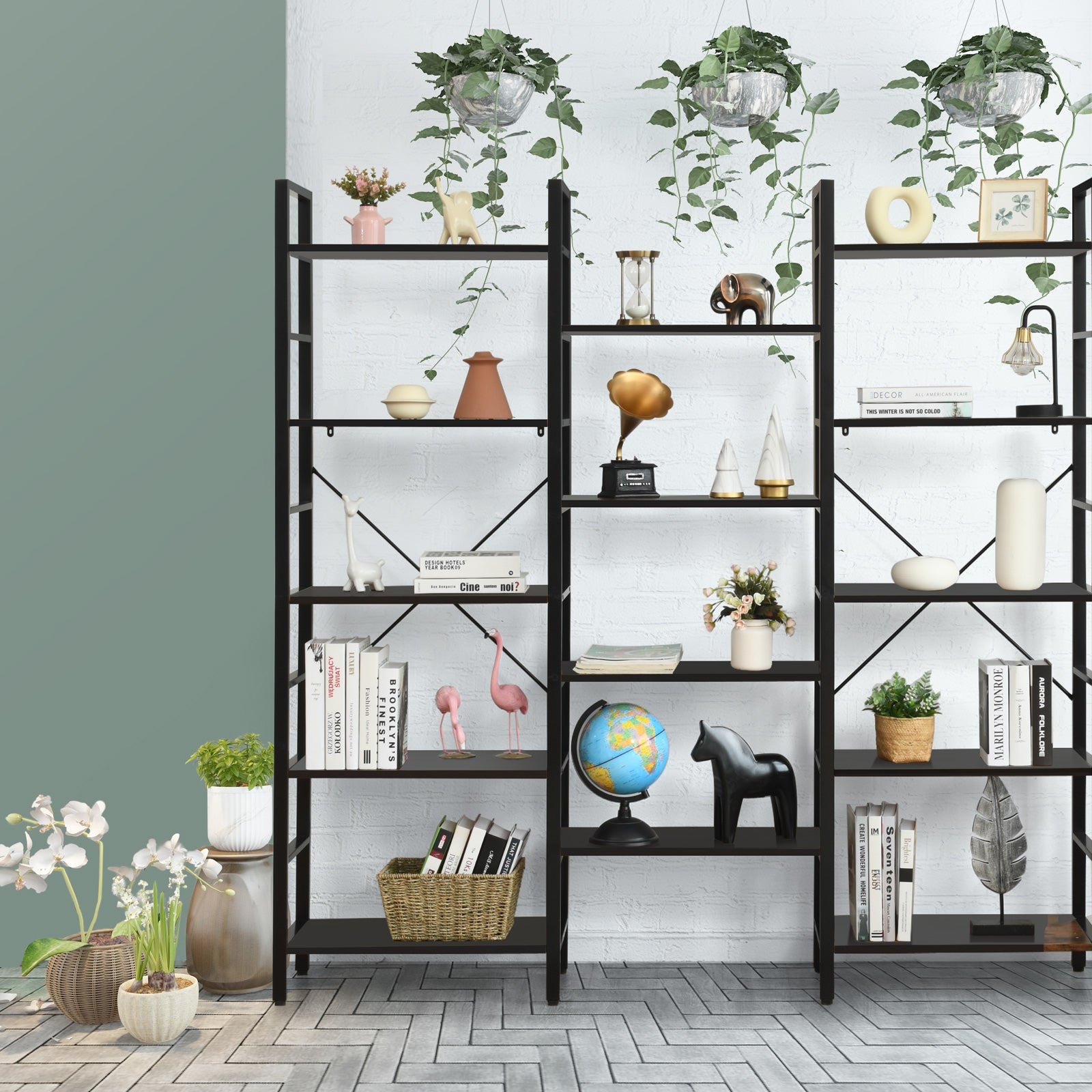 Vintage Triple Wide 5-Tier Bookcase Large Bookshelf Display Storage Shelf-Black