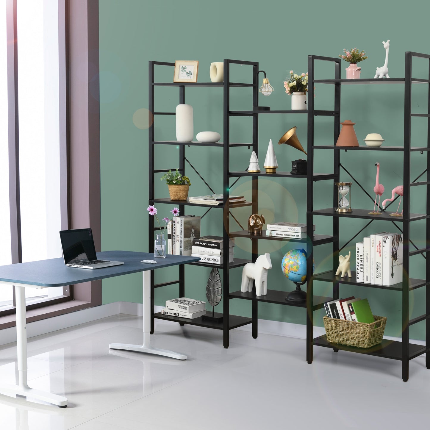 Vintage Triple Wide 5-Tier Bookcase Large Bookshelf Display Storage Shelf-Black