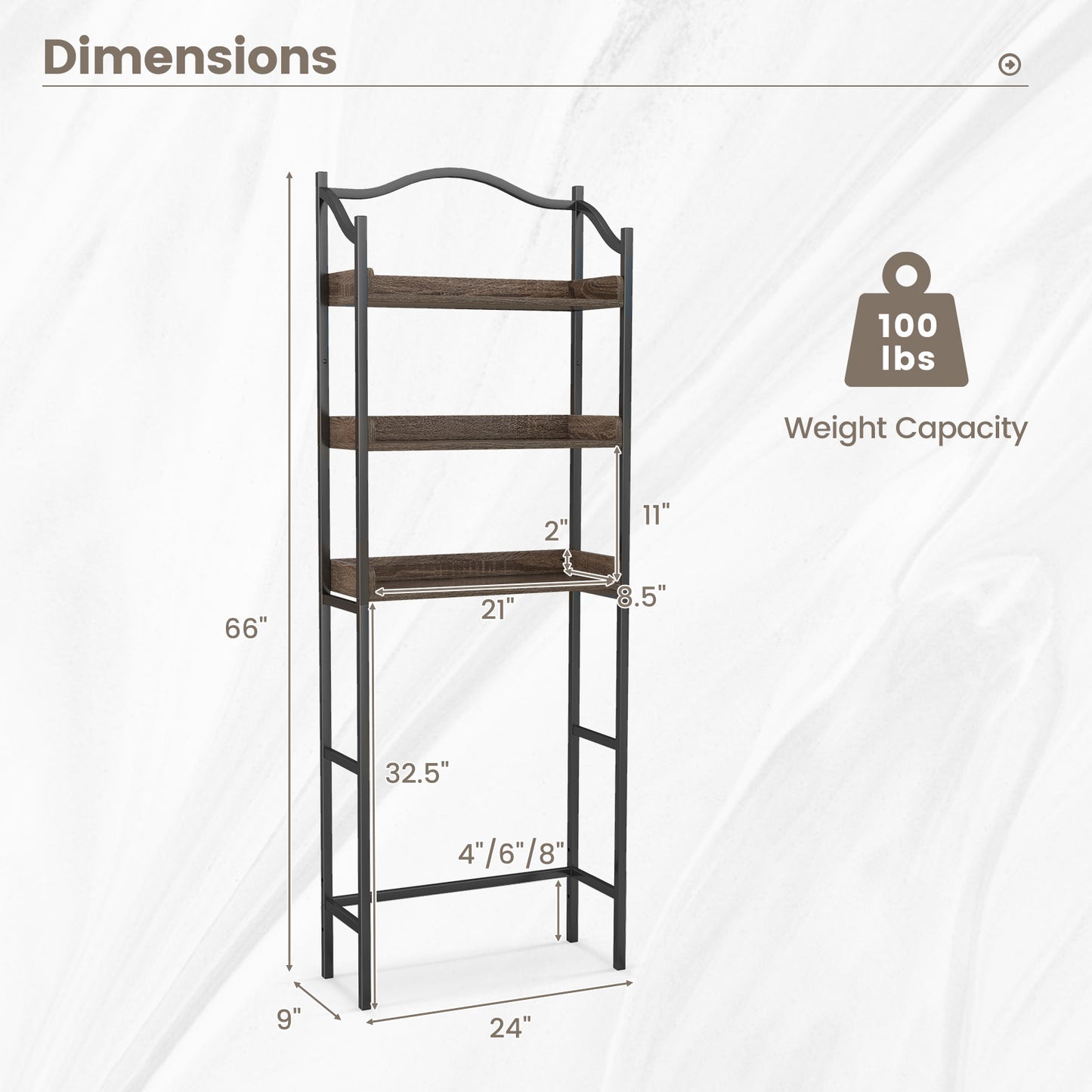 3-Tier Over-The-Toilet Bathroom Spacesaver Storage Rack-Black