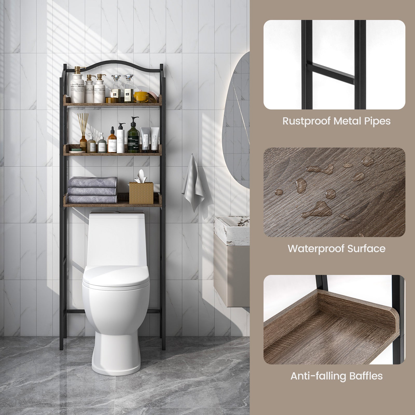 3-Tier Over-The-Toilet Bathroom Spacesaver Storage Rack-Black