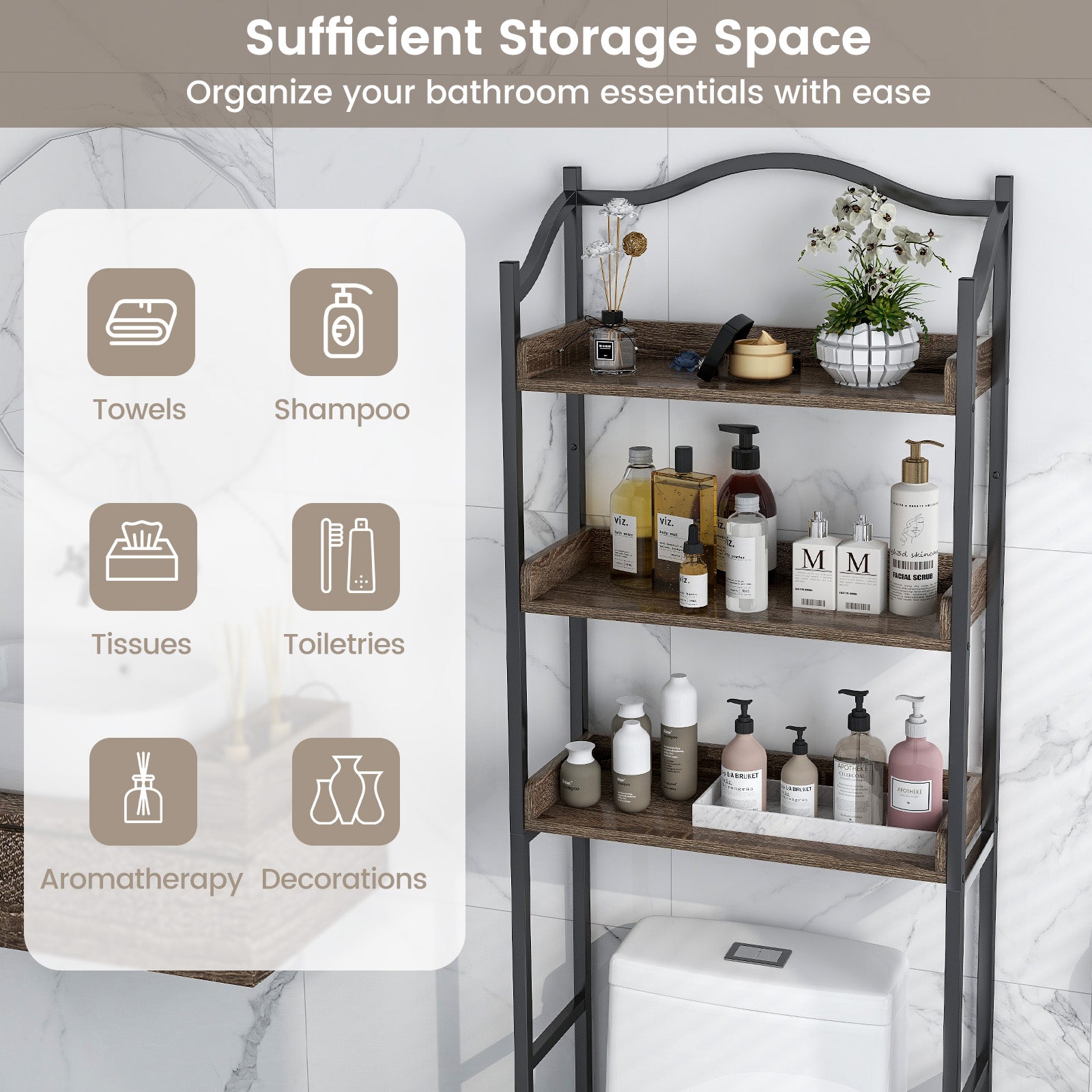 3-Tier Over-The-Toilet Bathroom Spacesaver Storage Rack-Black
