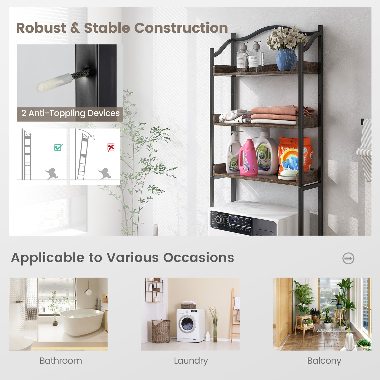 3-Tier Over-The-Toilet Bathroom Spacesaver Storage Rack-Black