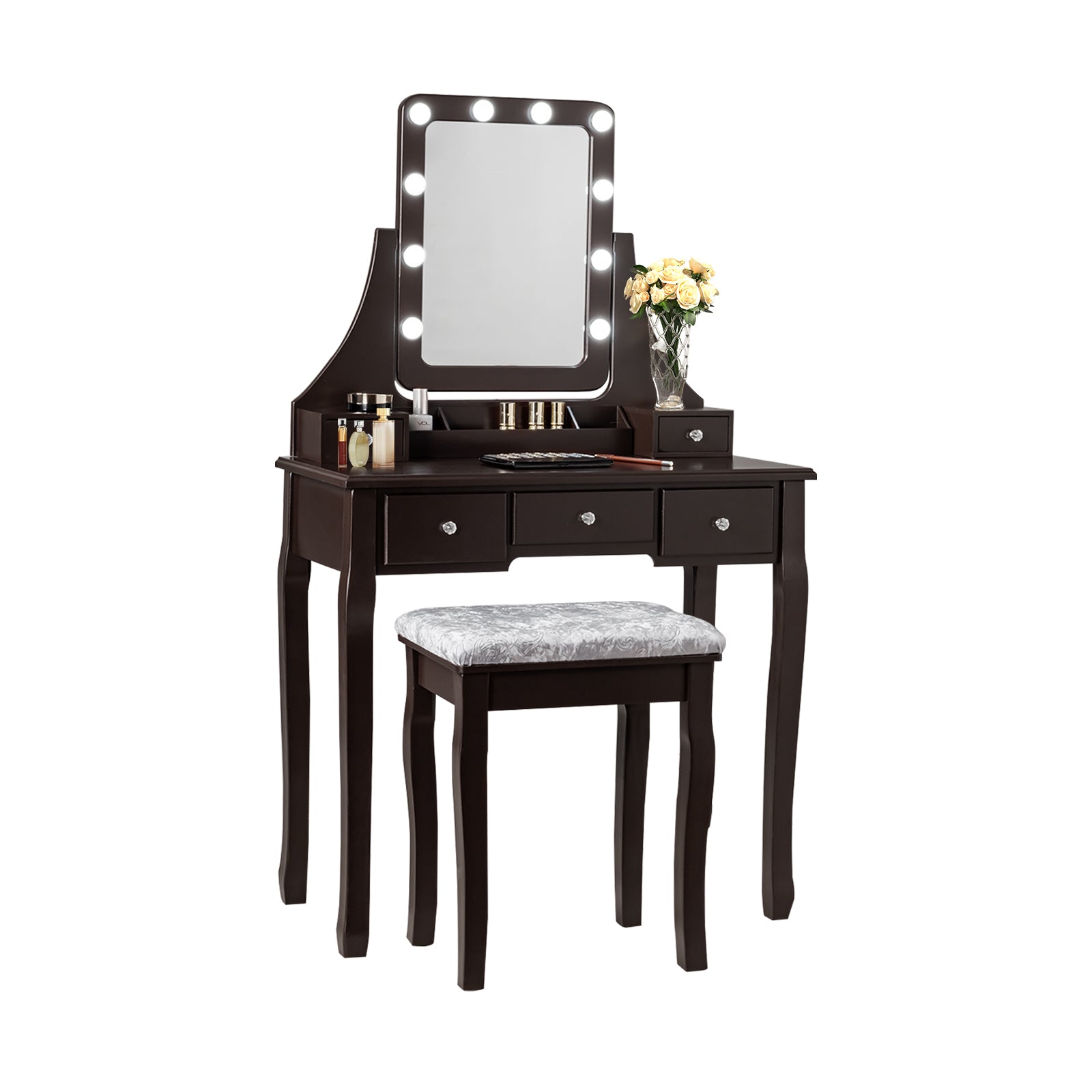 Vanity Dressing Table Set with 10 Dimmable Bulbs and Cushioned Stool-White - Brown