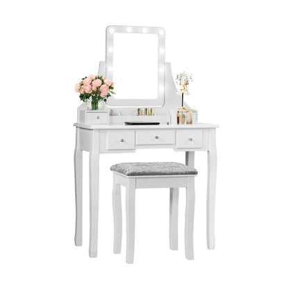 Vanity Dressing Table Set with 10 Dimmable Bulbs and Cushioned Stool-White - White