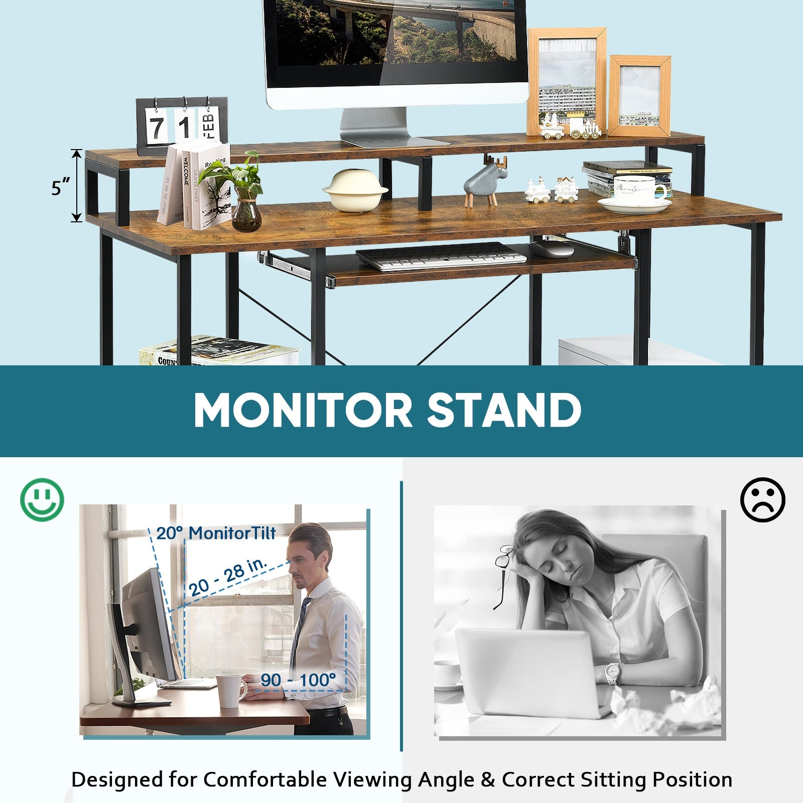 47 Inches Computer Desk Writing Study Table with Keyboard Tray and Monitor Stand