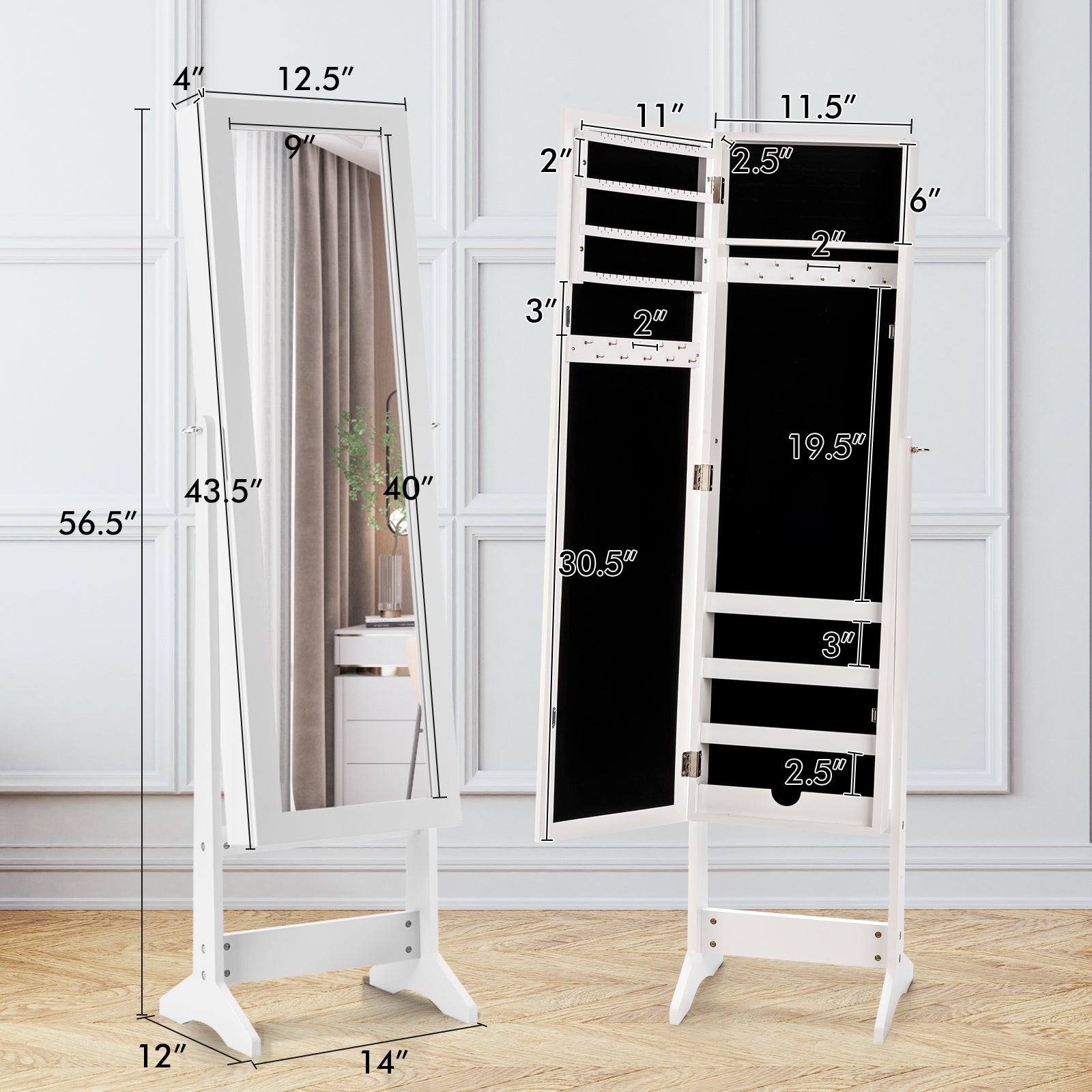 Mirrored Standing Jewelry Cabinet Storage Box-Pink - White