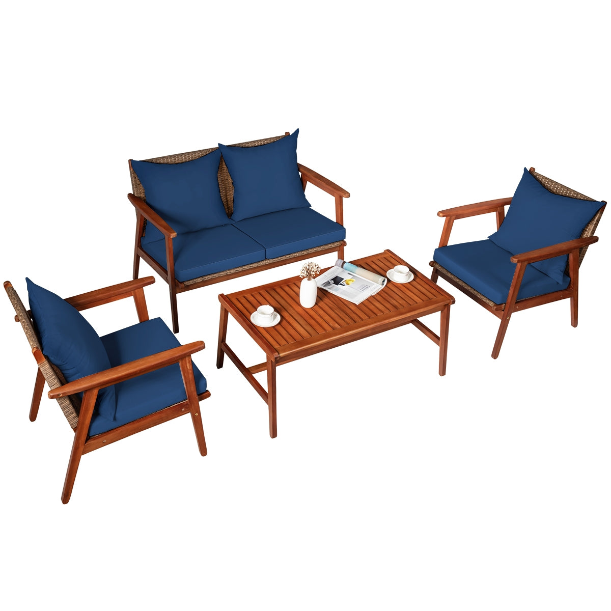 4 Piece Acacia Wood Patio Rattan Furniture Set-Navy - Navy