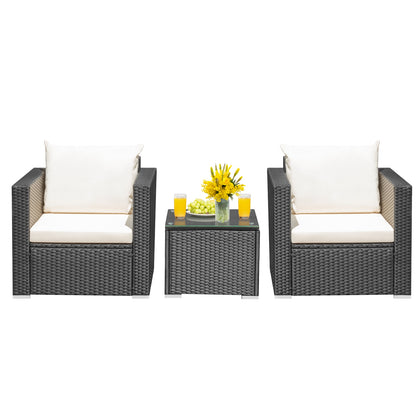 3 Pieces Patio Wicker Conversation Set with Cushion-Black - White