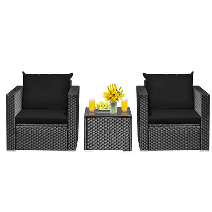 3 Pieces Patio Wicker Conversation Set with Cushion-Black - Black