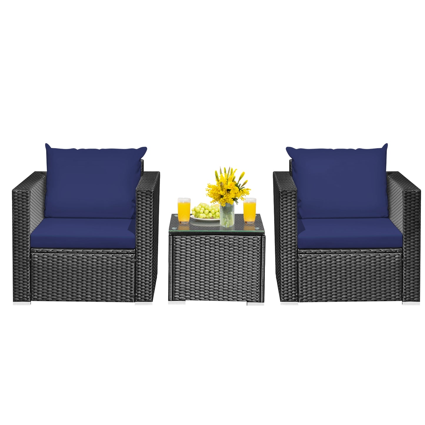 3 Pieces Patio Wicker Conversation Set with Cushion-Black - Navy