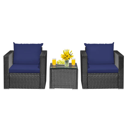 3 Pieces Patio Wicker Conversation Set with Cushion-Black - Navy