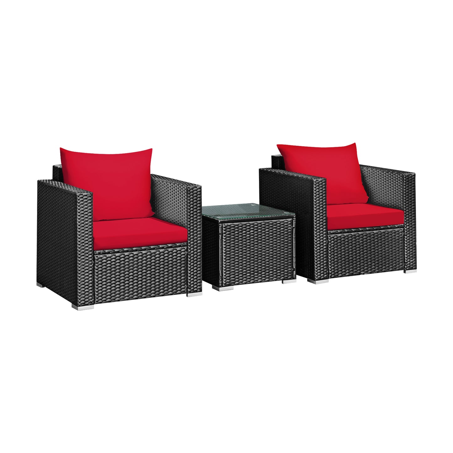 3 Pieces Patio Wicker Conversation Set with Cushion-Black - Red