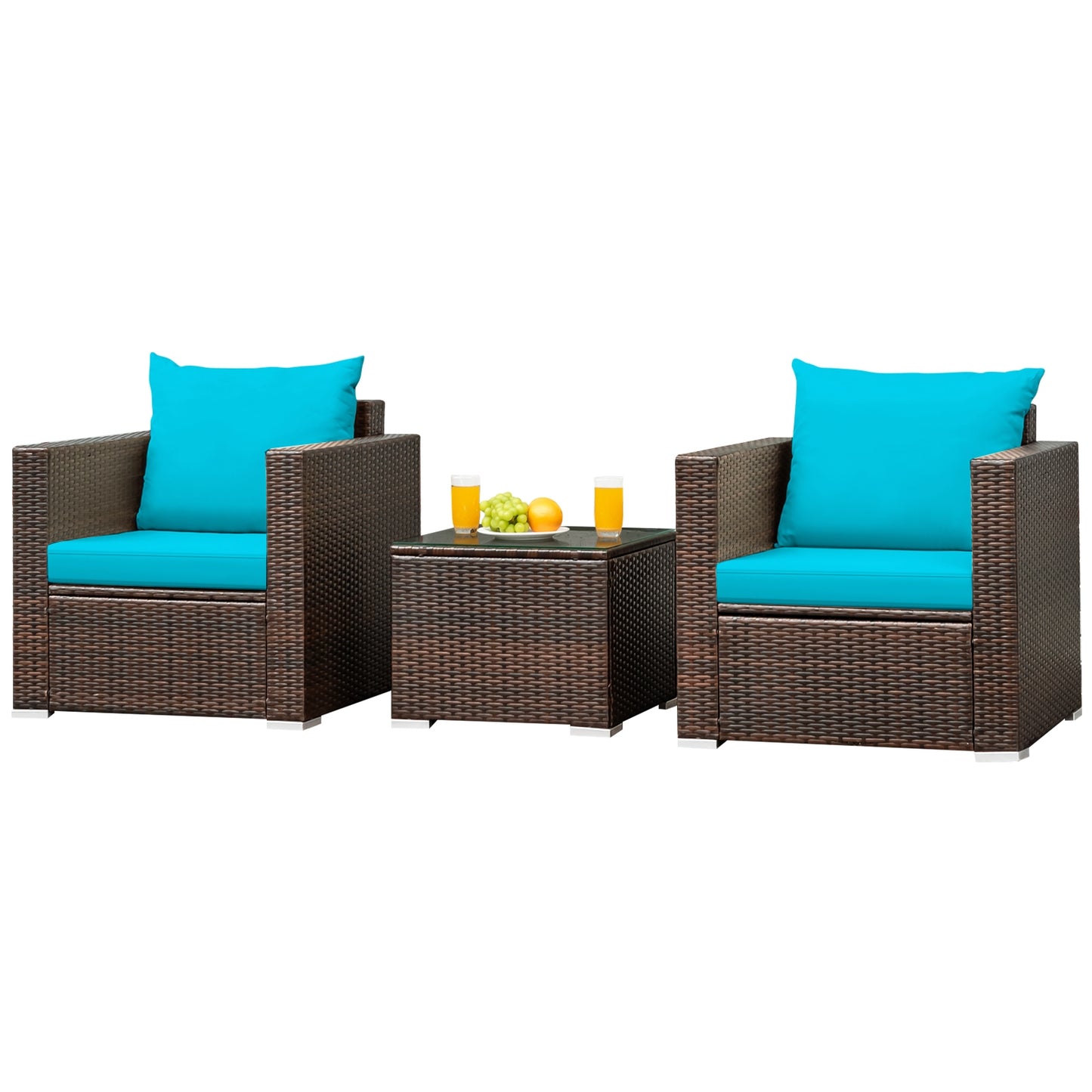 3 Pcs Patio Conversation Rattan Furniture Set with Cushion-Blue - Turquoise
