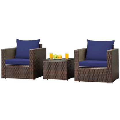 3 Pcs Patio Conversation Rattan Furniture Set with Cushion-Blue - Blue