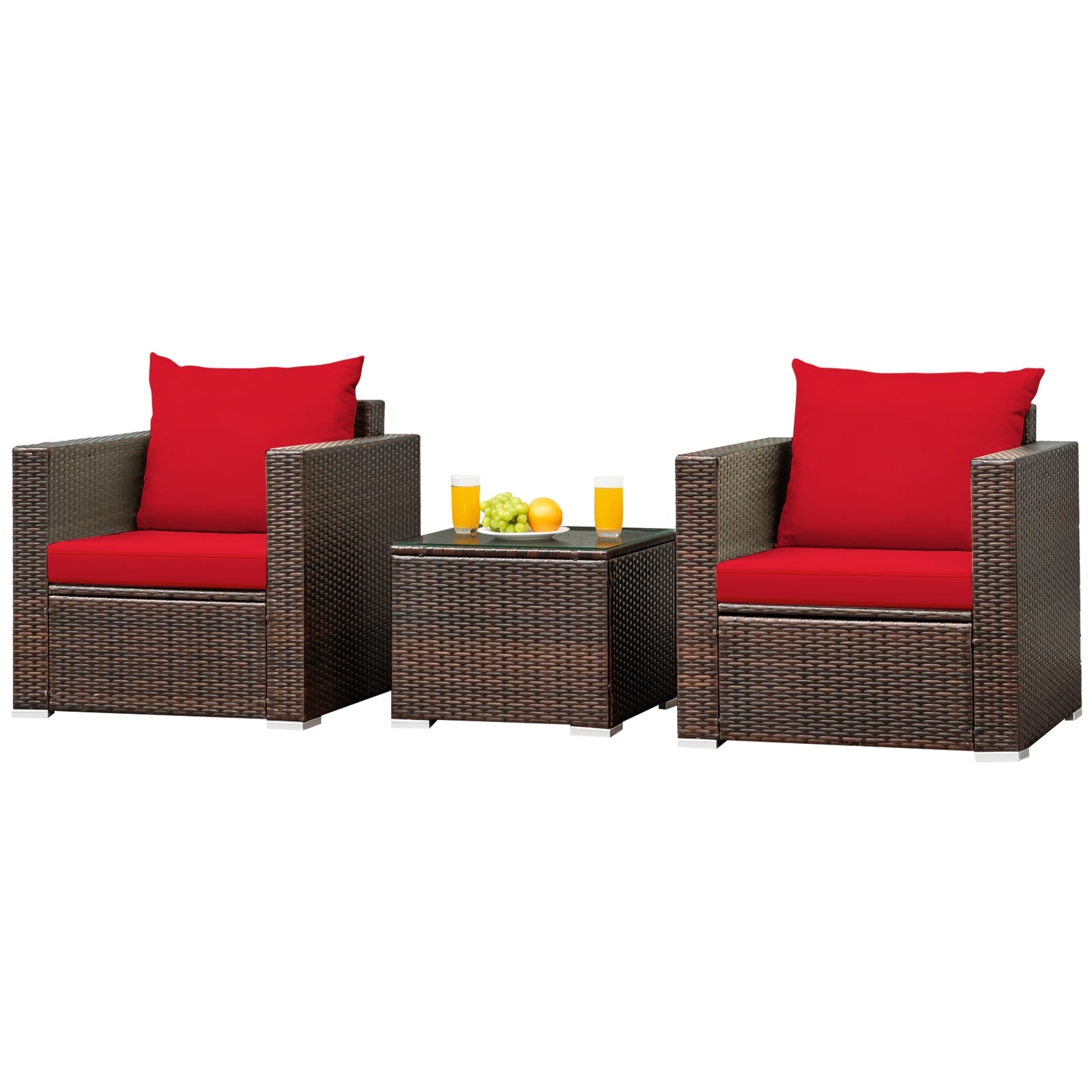 3 Pcs Patio Conversation Rattan Furniture Set with Cushion-Blue - Red