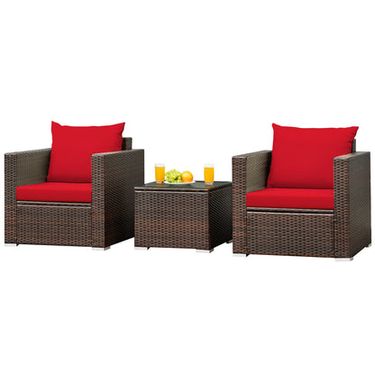 3 Pcs Patio Conversation Rattan Furniture Set with Cushion-Blue - Red