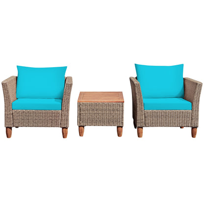 3 Pieces Patio Rattan Furniture Set with Washable Cushion for Yard Porch-Turquoise