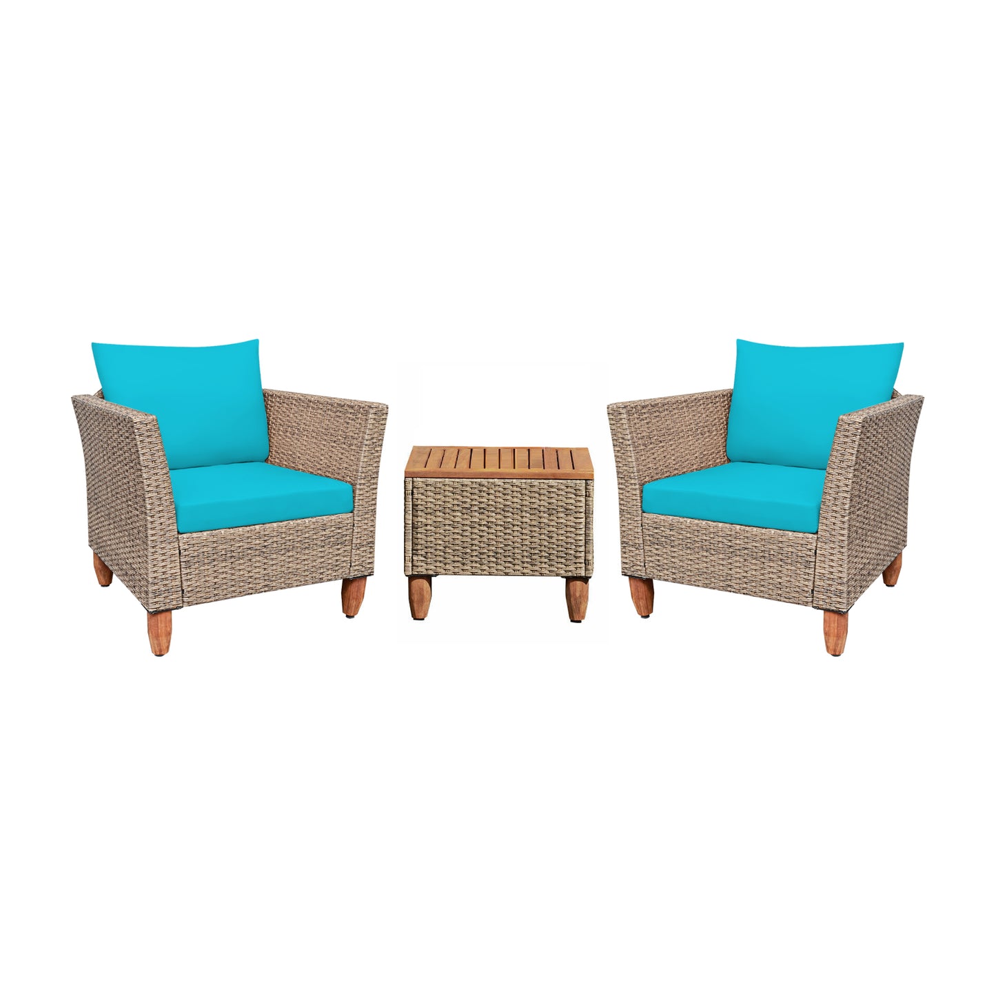 3 Pieces Patio Rattan Furniture Set with Washable Cushion for Yard Porch-Turquoise