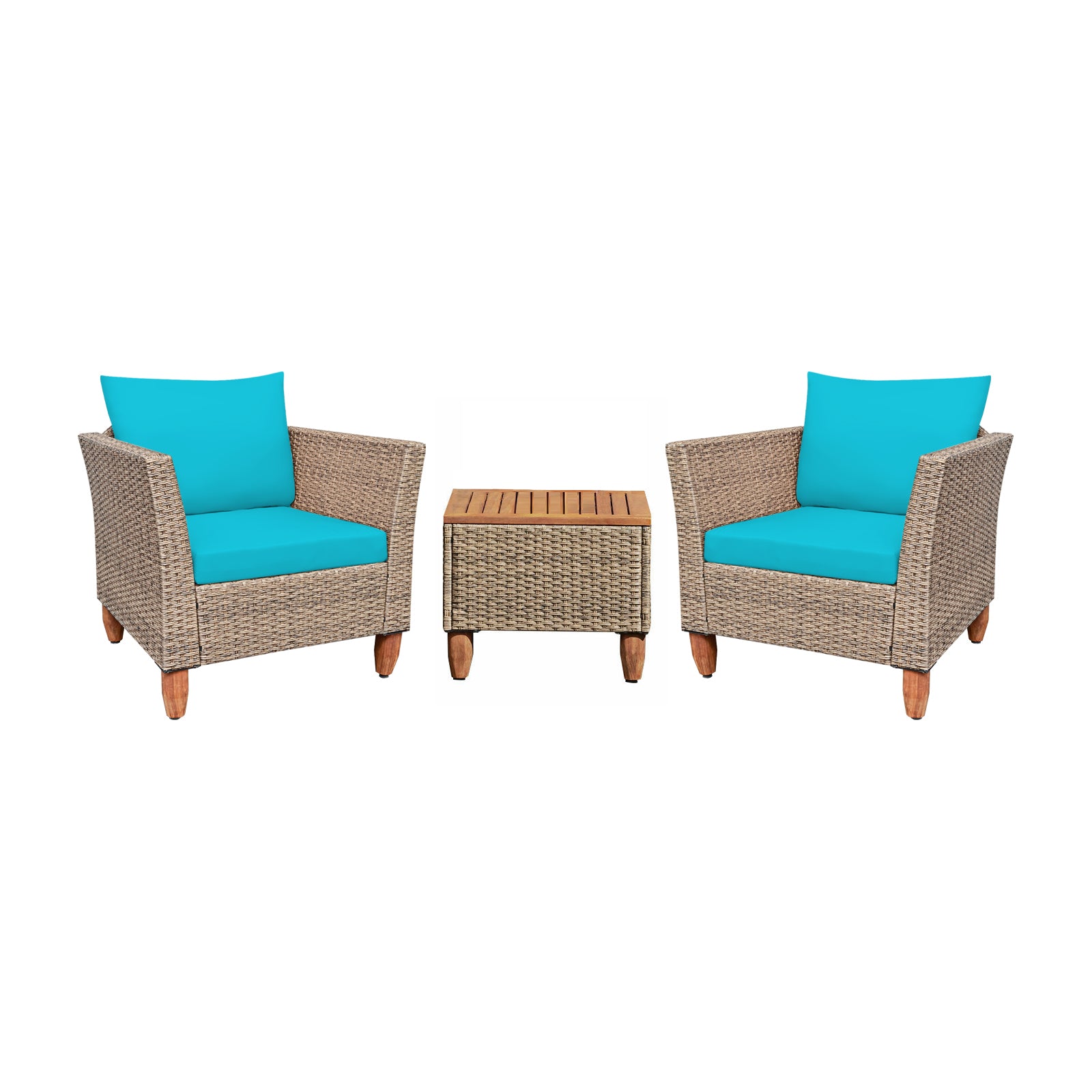 3 Pieces Patio Rattan Furniture Set with Washable Cushion for Yard Porch-Turquoise