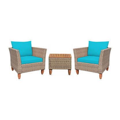 3 Pieces Patio Rattan Furniture Set with Washable Cushion for Yard Porch-Turquoise
