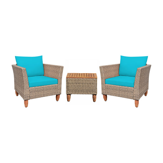 3 Pieces Patio Rattan Furniture Set with Washable Cushion for Yard Porch-Turquoise